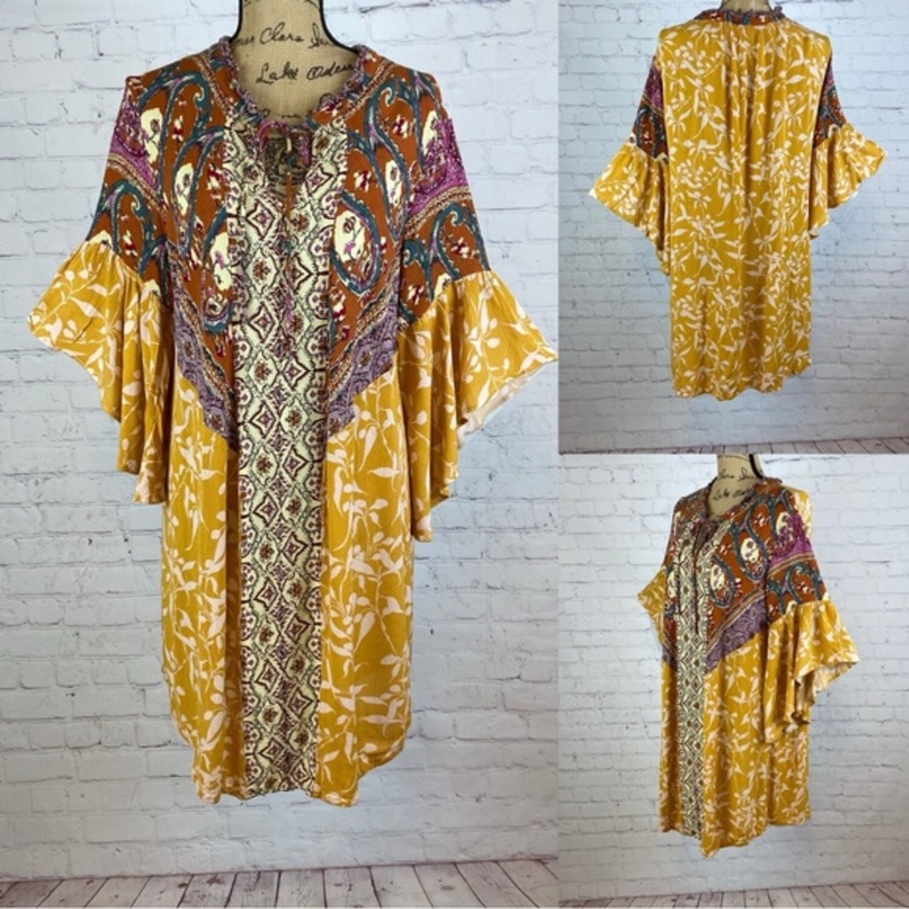 Umgee Bohemian Yellow and Purple Kimono Dress